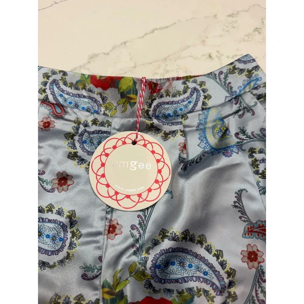 Umgee USA Womens Floral Paisley Satin Shorts Light Blue High Waist Small
